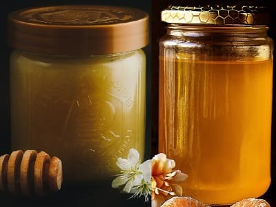 Honig, fester und flüssiger Bienenhonig, zum süßen von Tee.